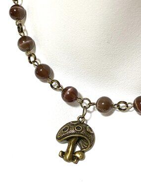 Purple Cat's Eye Adjustable Short Necklace w/ Cute Bronze Round Mushroom Pendant